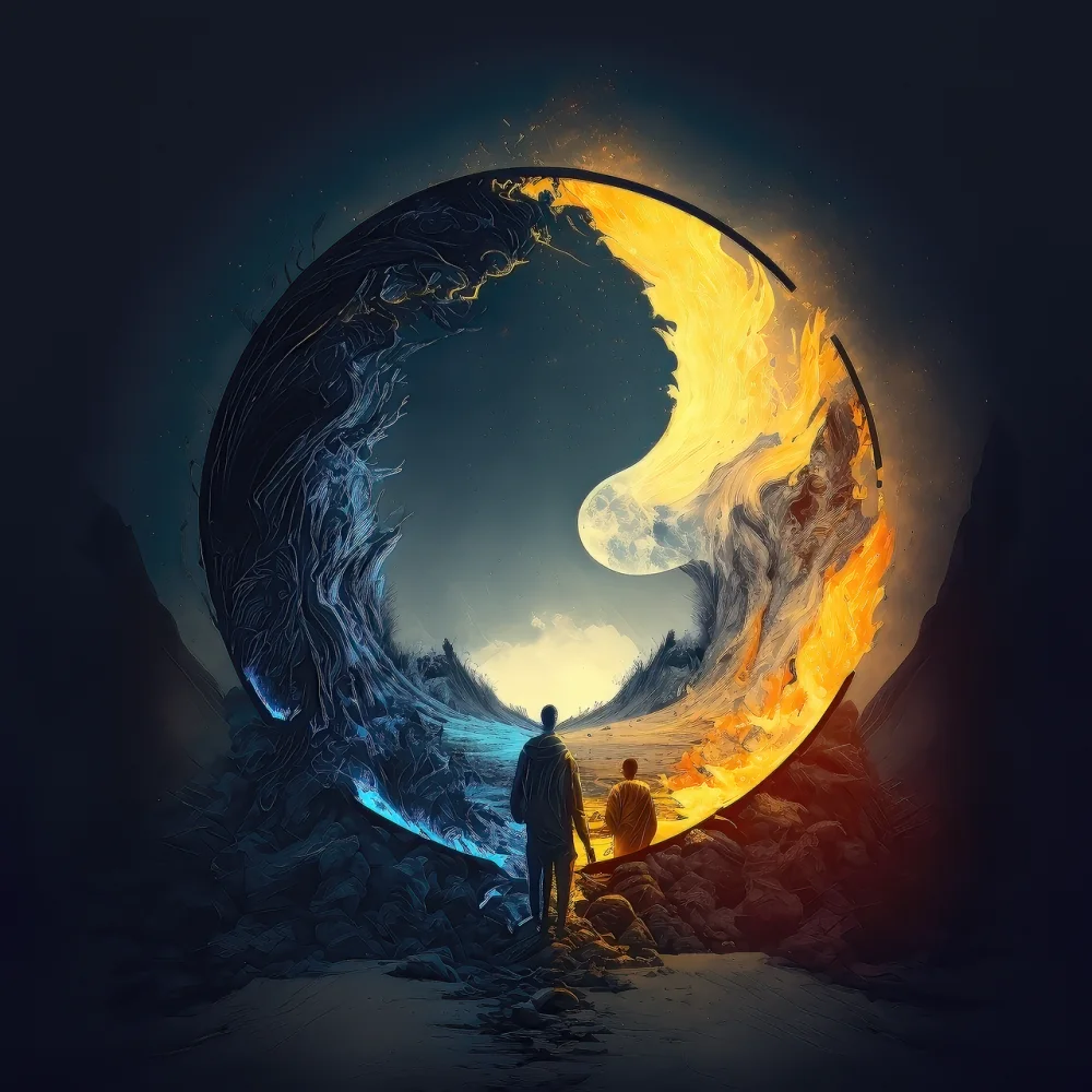 Two figures approaching an immense circular landscape of light and shadow