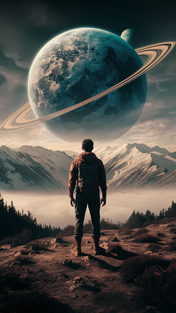 A lone observer facing a vast ringed planet above a mountain landscape
